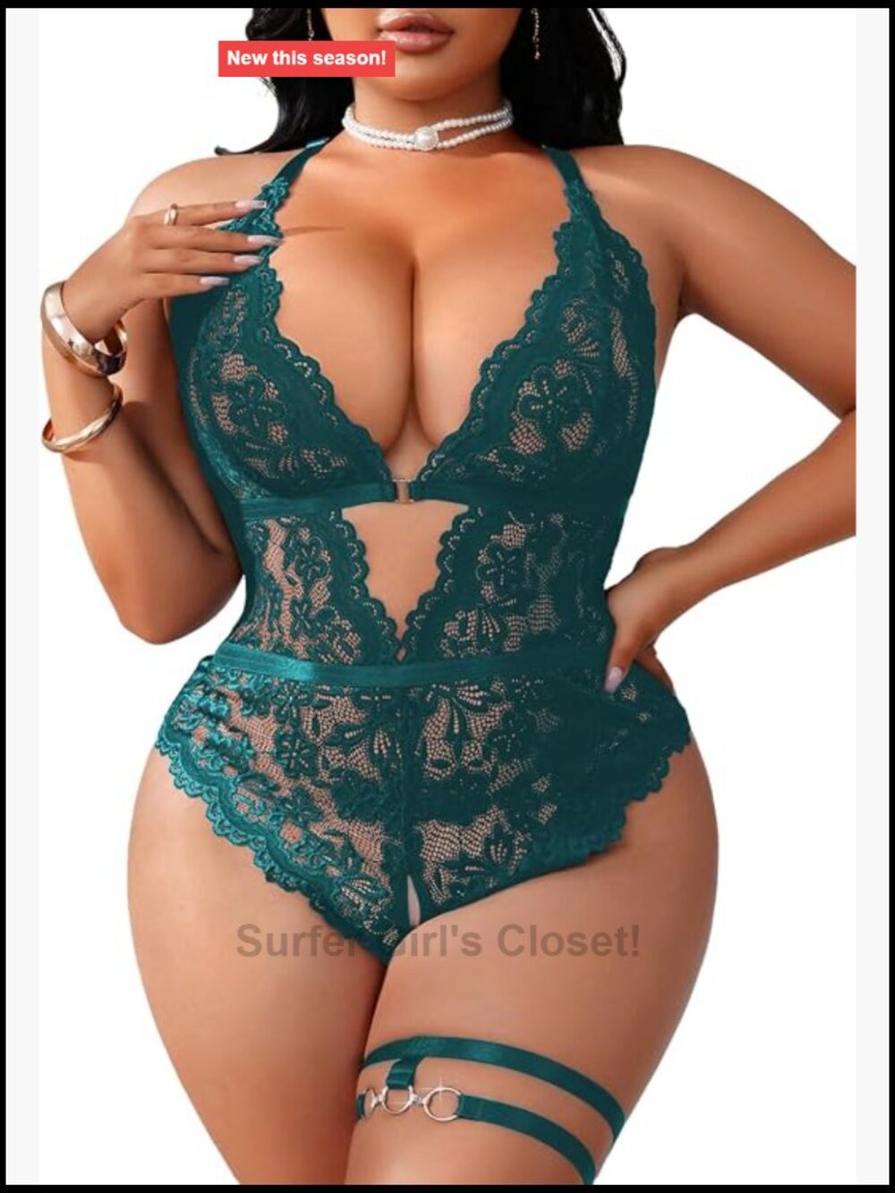 Plus Size Lace Teddy Bodysuit Deep V Neck Crotchless Lingerie with Leg Ring
